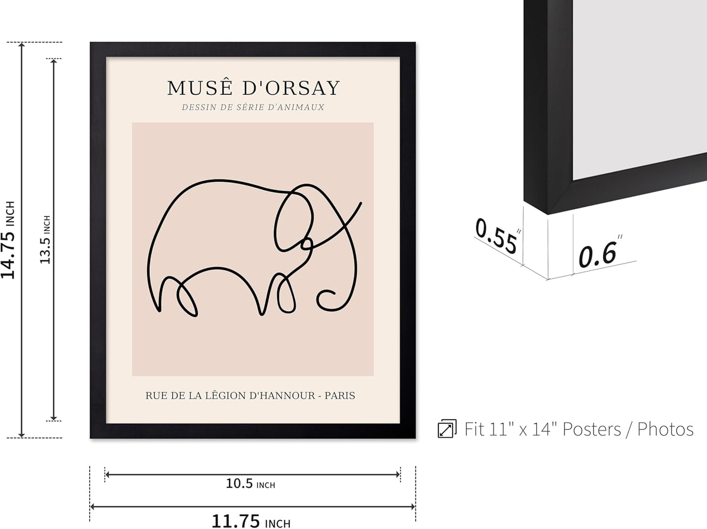 Poster Master Vintage Poster - Retro One Line Elephant Drawing Print - Elephant Art - Minimal Gift for Men, Women, Animal Lover - Abstract Wall Decor for Home, Office, 11x14 Black Framed