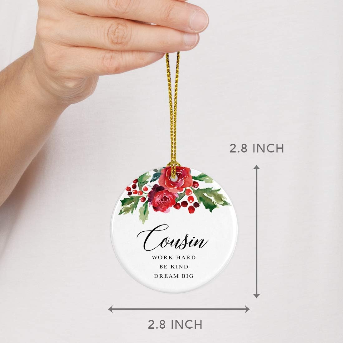 Andaz Press Round Ceramic Porcelain Christmas Tree Ornament Keepsake Gift for Cousins, Cousin Work Hard Be Kind Dream Big, 1-Pack, Includes Ribbon and Gift Box