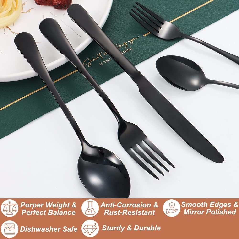 Lazycorner 50 Pcs Black Silverware Set for 10, Mirror Polished Flatware Set Stainless Steel Fork Knife Spoon, Food Grade Eating Utensils Sets, Reusable Silverwear Cutlery Set, Dishwasher Safe