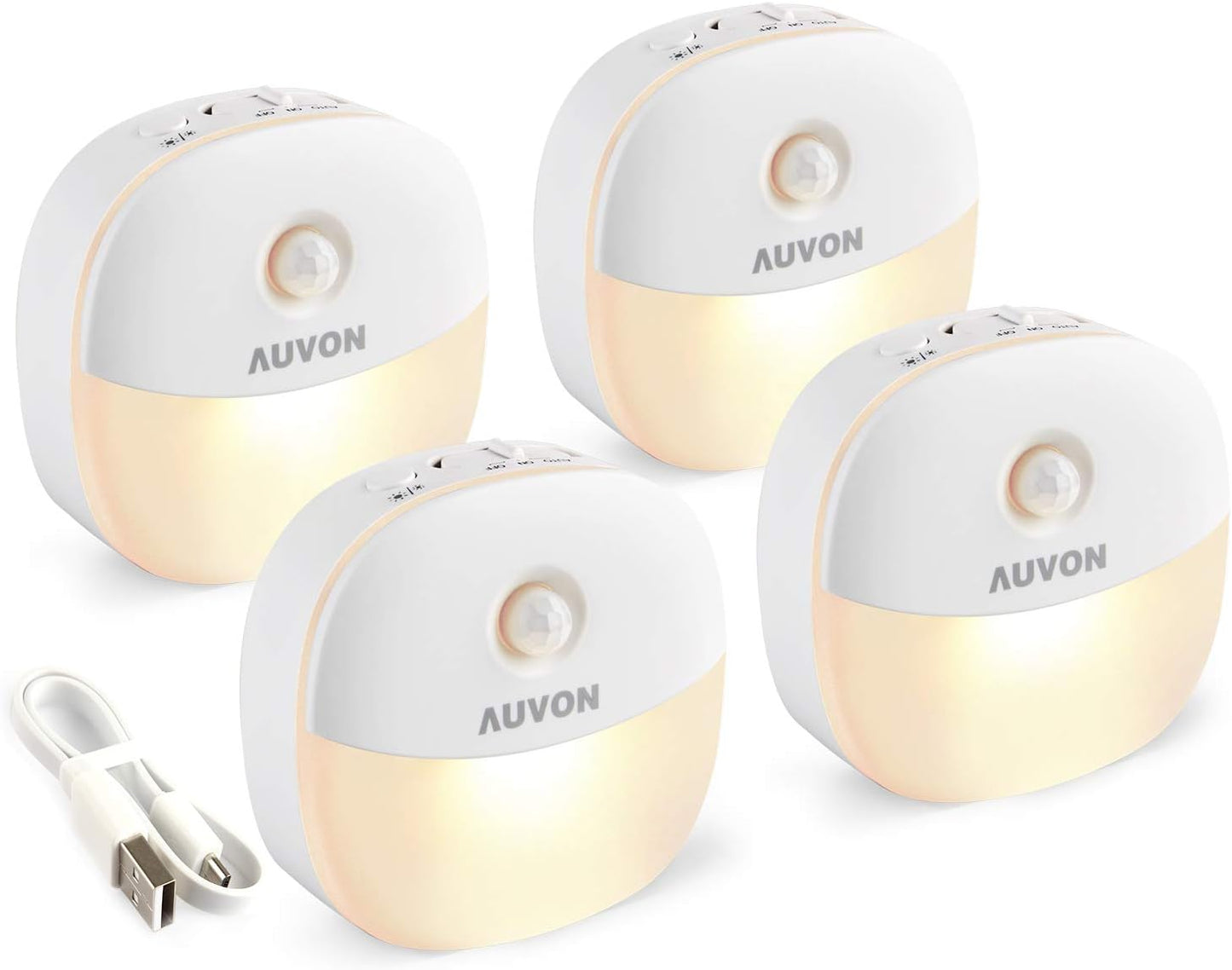 AUVON Rechargeable Battery Night Light, Mini with Motion Sensor, Warm White LED Stick-On Closet Light with Dusk to Dawn Sensor, Adjustable Brightness for Wall, Stairs, Hallway, Cabinet (4 Pack)