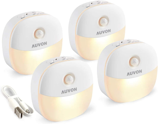 AUVON Rechargeable Battery Night Light, Mini with Motion Sensor, Warm White LED Stick-On Closet Light with Dusk to Dawn Sensor, Adjustable Brightness for Wall, Stairs, Hallway, Cabinet (4 Pack)