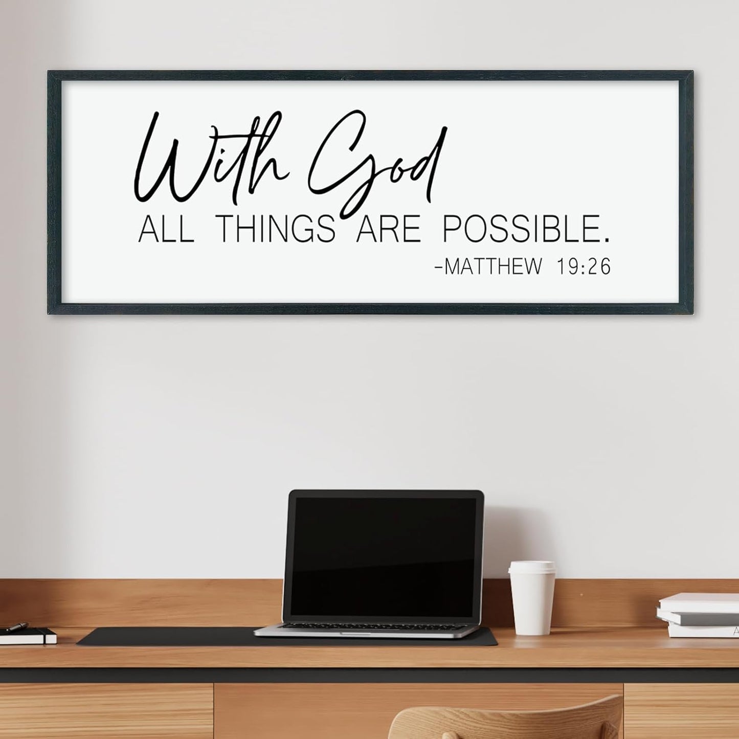 LuZhiQiang With God All Things Are Possible Wall Decor 40"×15" Matthew 19:26 sign Bible Verse Scripture for Living Room Large Wood Framed Wall Hanging Art (Black)