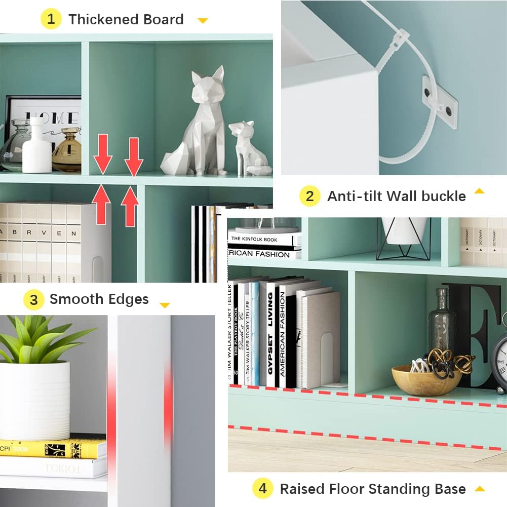 IOTXY Open Shelf Low Bookcase - Wooden 3-Tier Floor Standing Display Cabinet Organizer with Base, 5 Cubes Short Horizontal Bookshelf in Tiffany-Green