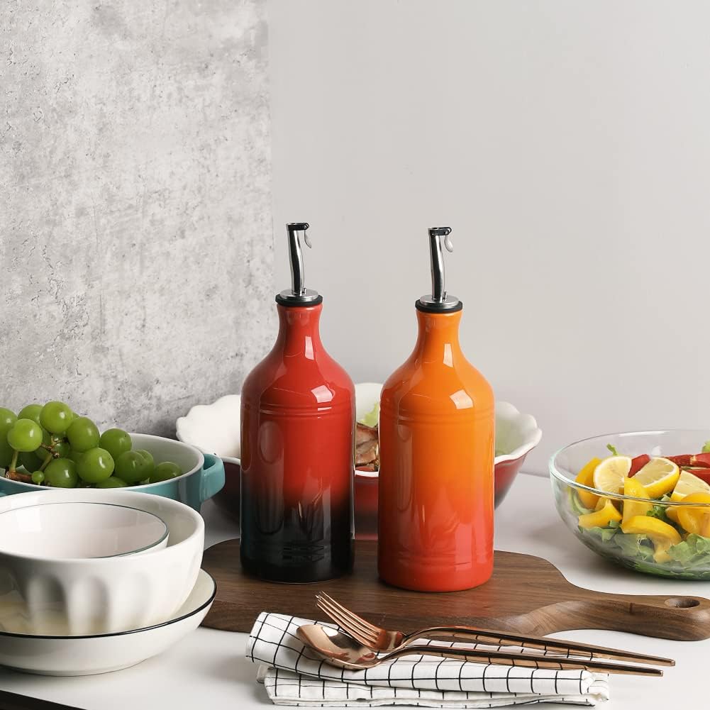 Sweejar Ceramic Olive Oil Dispenser Bottle, Opaque Oil Cruet Protects Oil to Reduce Oxidation, Suitable for Oil, Vinegar, Coffee Syrups & Other Liquids, Pack of 1, 15.5 Fl Oz (Gradient Red)