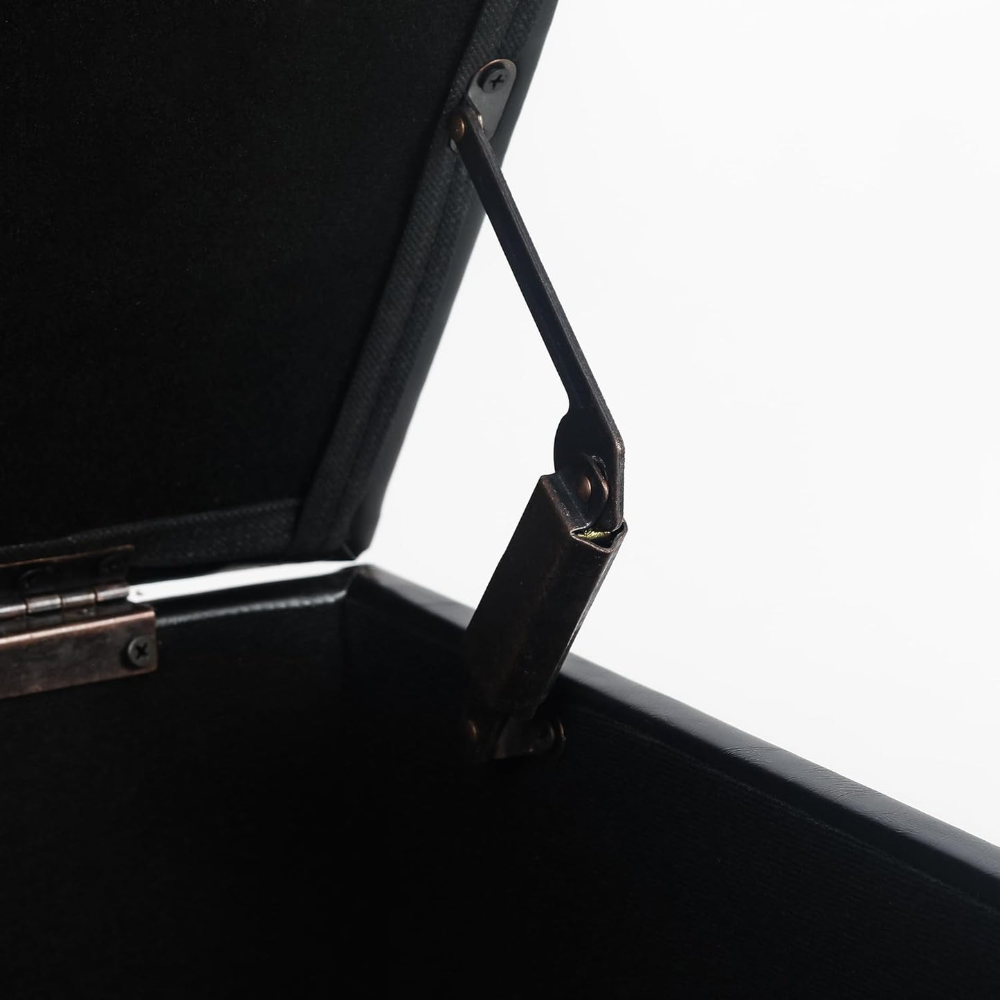 Adeco Faux Leather Storage Ottoman with Hinged Lid, 14 Inch High Black Square Cube Foot Stool with Storage, Upholstered Vanity Stool with Solid Wood Legs for Living Room, Bedroom, Dorm