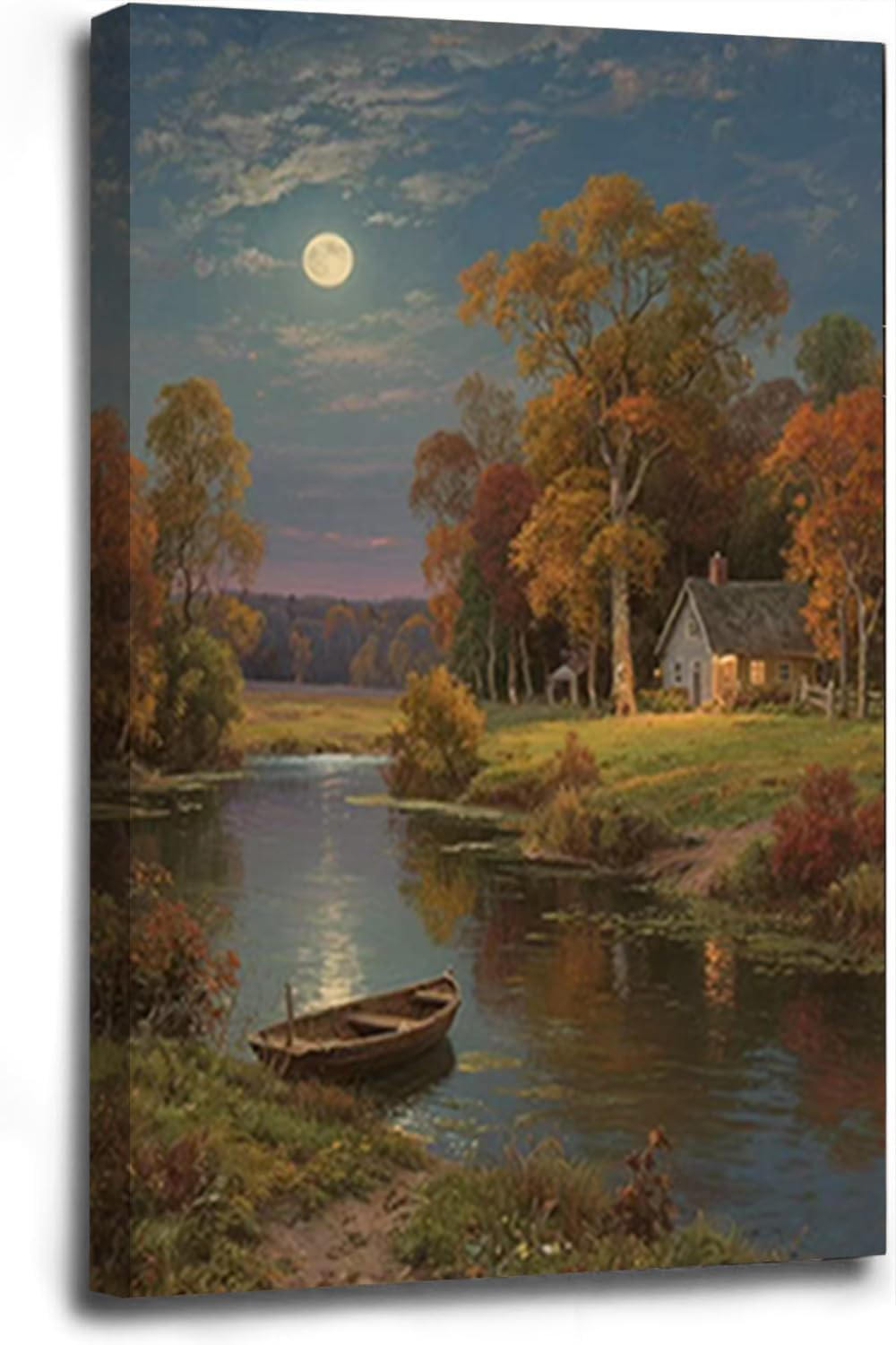 Small house by the stream under the moonlight tranquil style suitable for living room bedroom and office landscape poster wall art