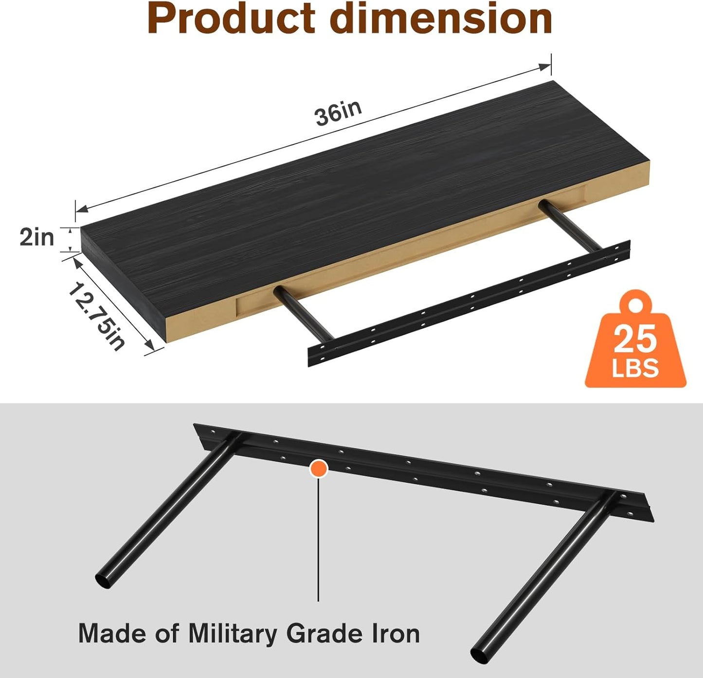 Large Floating Shelves for Wall Set of 3 Wooden Wall Shelves 36 in x 12.75 in x 2 in Room Decor Long Shelf with Invisible Wall Mount Bracket for Bedroom Kitchen Living Room Black Wood