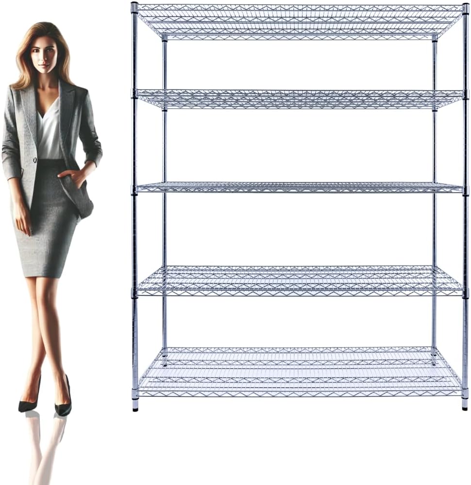 60"x24"x72" Chrome 5-Tier PREMIUM Wire Shelving NSF 4000 LBS MAX CAPACITY Heavy Duty Steel Storage Rack for Warehouses, Garages, Hospitals, Commercial Spaces, & Schools w/PREMIUM WHEELS