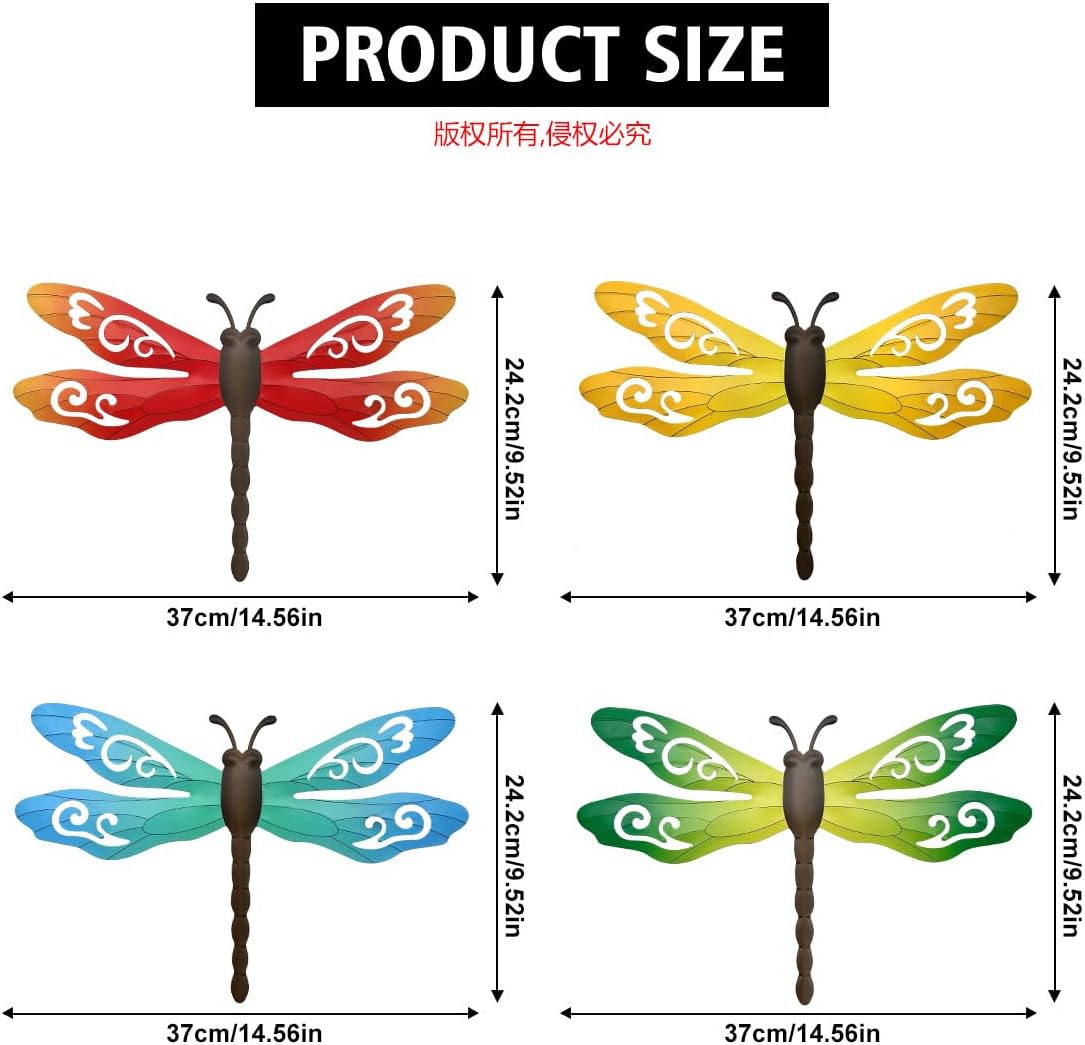 Metal Dragonfly Wall Decor, 4 Pack 14inch Metal Dragonfly Wall Hanging Sculpture Decor for Outdoor, Yard Patio Fence Garden Outside Decorations