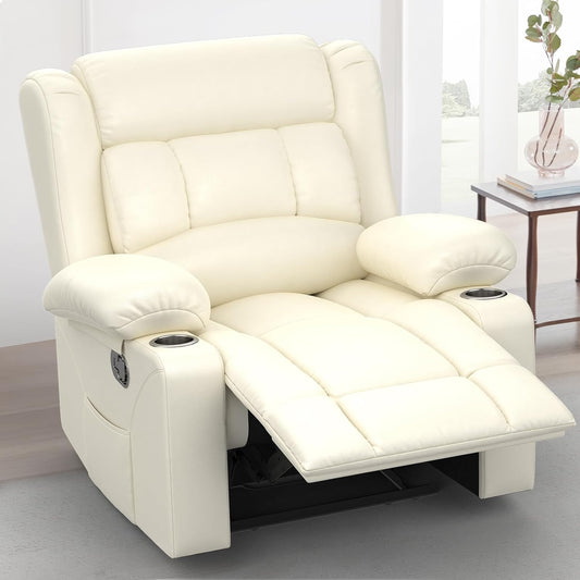 Recliner Chair for Adults, Oversized PU Leather Manual Pull Tab Reclining Chair with Cup Holders, Minimalist Style Single Sofa for Living Room, RV (Ivory White)