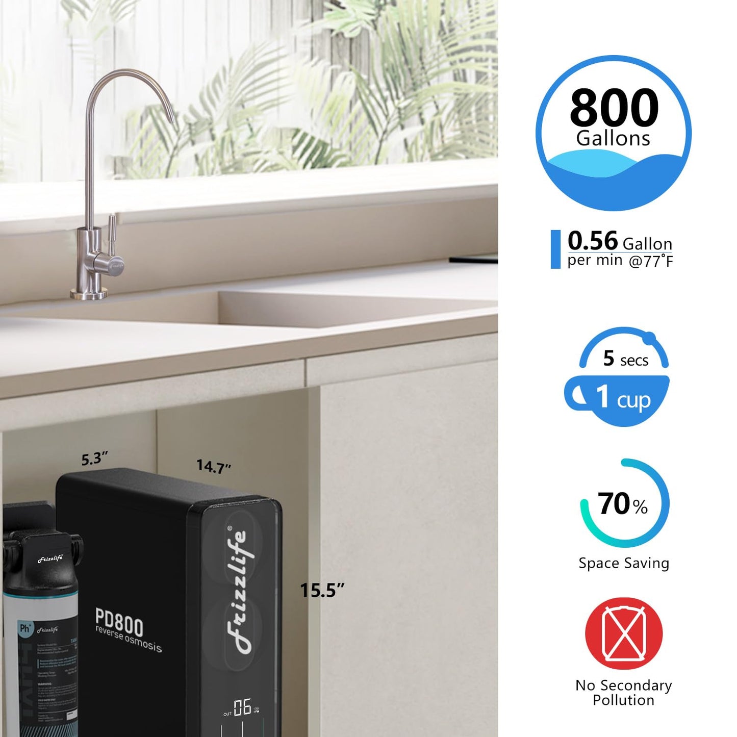 Frizzlife 800GPD Reverse Osmosis Water Filter, Alkaline Mineral pH+ Reverse Osmosis System, 9-Stage Filtration Tankless RO Water Filter System, 2:1 Pure to Drain, Under Sink, Reduce TDS, PD800-TAM4