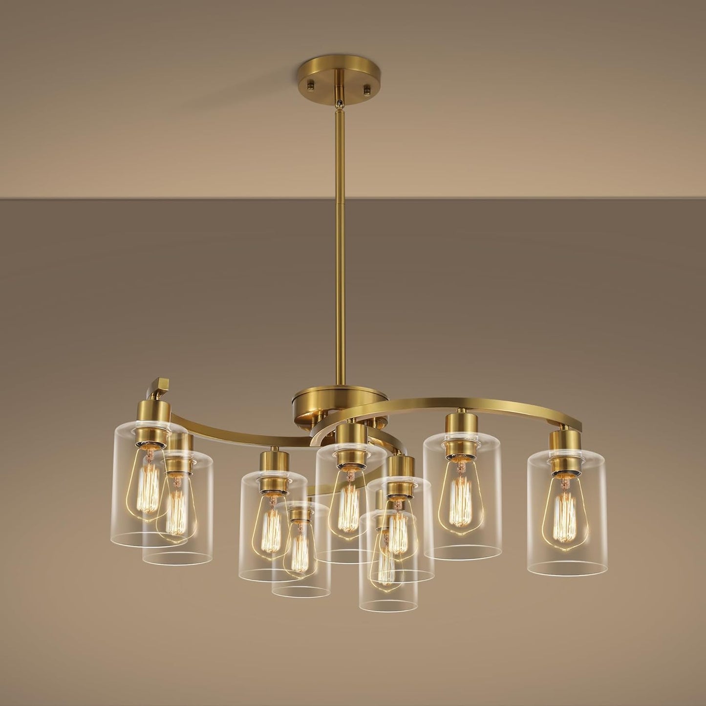 9-Light Gold Glass Chandelier, Adjustable Height Dining Room Light Fixtures Over Table, Contemporary Hanging Chandelier for Kitchen Island Living Room Foyer Office, Clear Glass Shade