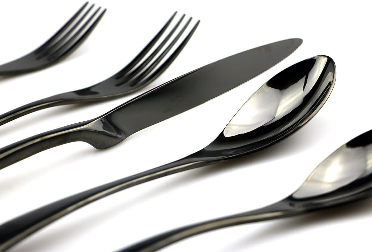 JASHII 18/10 Stainless Steel 20 Piece Mirror Polished Black Flatware Set,Dinner Knife Fork Salad Fork Dessert Spoon，Service for 4 ，Black Utensil Sets