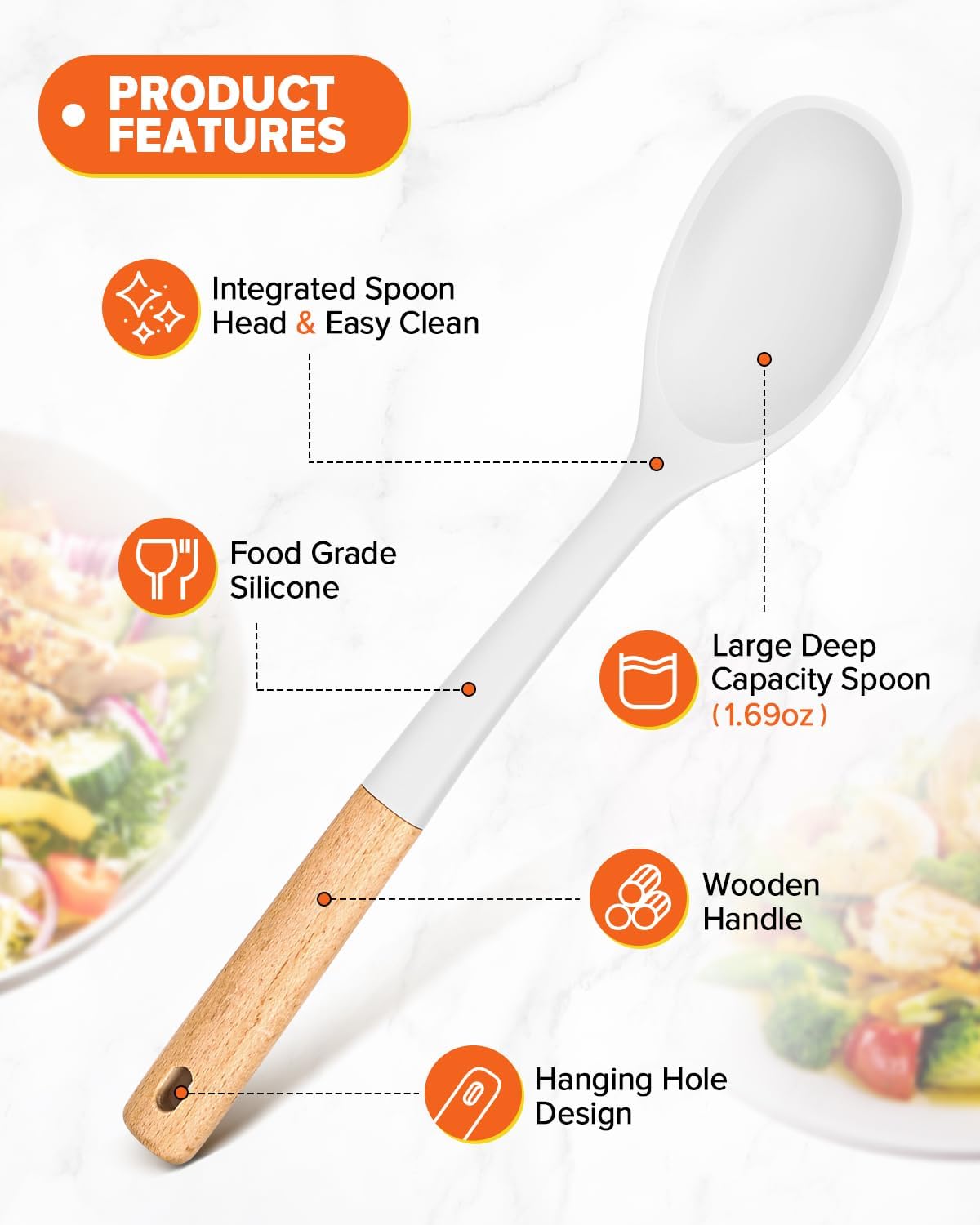 Silicone Cooking Spoons, Great for Scooping Sides and Serving Hearty Stews, BPA-Free Matte Silicone, Wooden Handle Serving Spoon for Nonstick Cooking Surfaces (White)