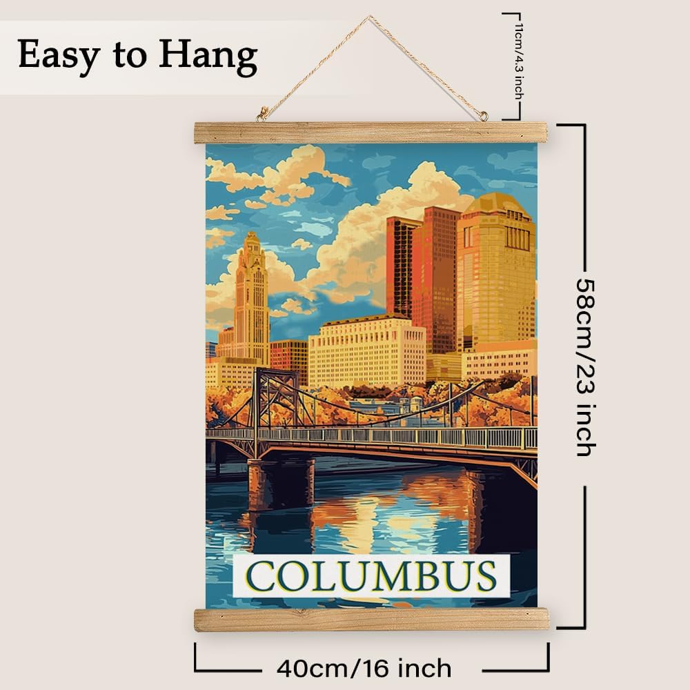WREVERW Vintage Columbus Poster Canvas Print with Wooden Hanger Frame, Featuring Scioto River Bridge and Iconic LeVeque Tower, Wall Art for Home and Office Decor, 16x23 inches
