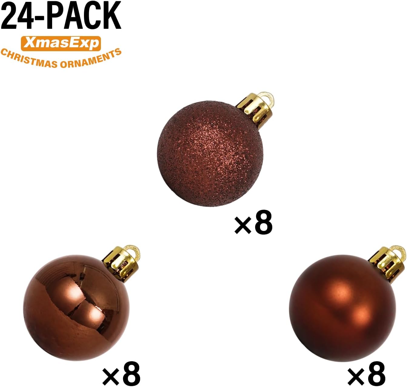 XmasExp 24ct Mini Christmas Ball Ornaments Shatterproof Christmas Ornaments Set Decorations for Xmas Tree Balls 30mm/1.18" (Brown)