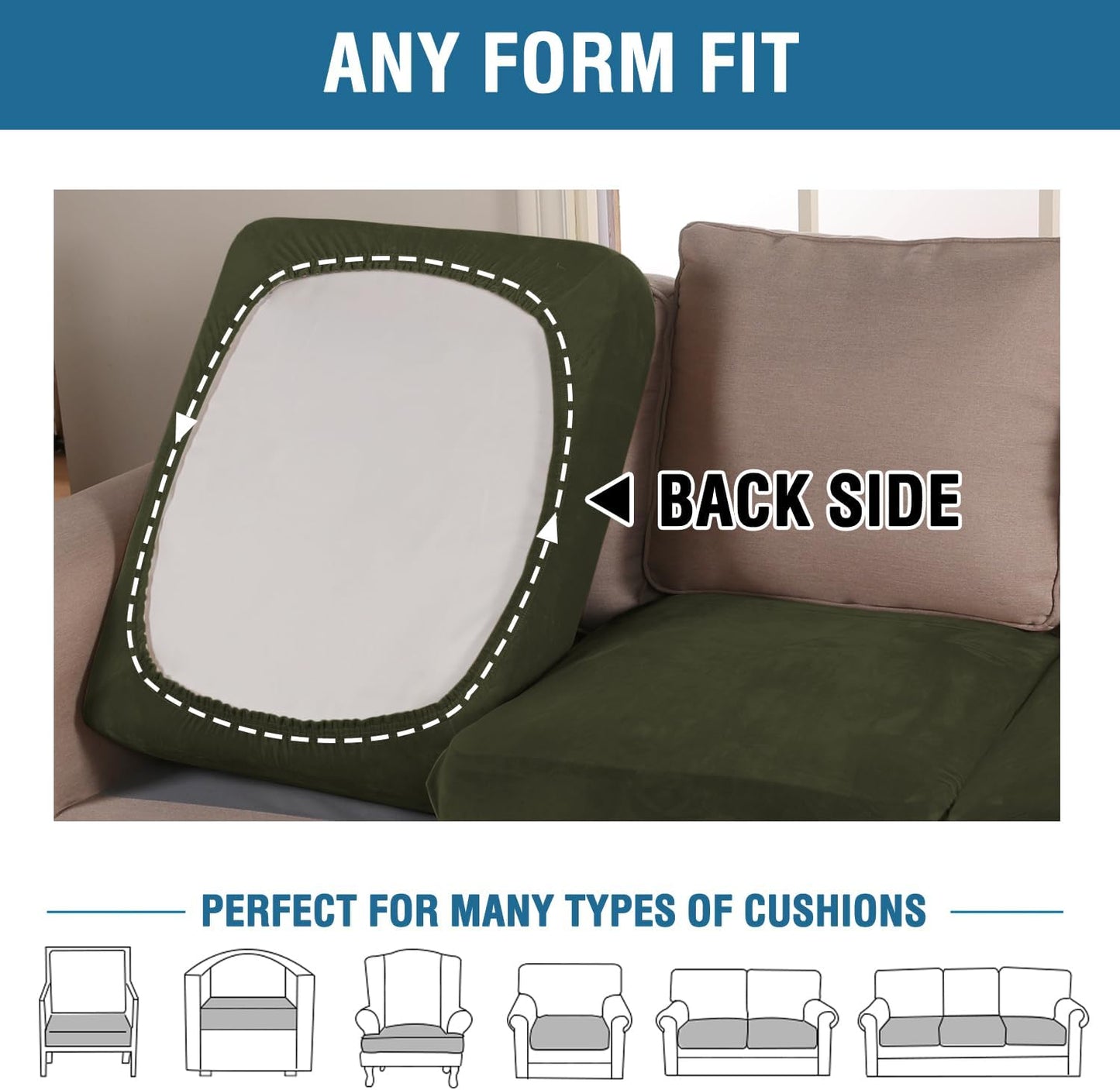 H.VERSAILTEX Velvet Stretch Couch Cushion Cover Plush Cushion Slipcover for Chair Cushion Furniture Protector Seat Cushion Sofa Cover (1 Piece Armchair Cushion Covers, Olive)