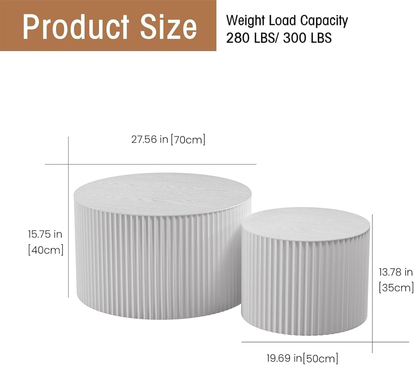 Round Coffee Table Set of 2, Nesting Coffee Table and End Table Set Small Circle Drum Side Table for Living Room Office, No Assembly (B White Large)