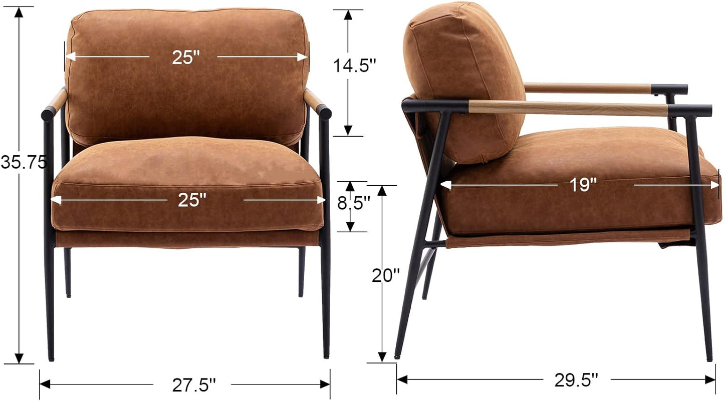 Mid-Century Accent Chair, Soft Armchair PU Leather Lounge Chair with Black Metal Legs, Upholstered Leisure Chair for Living Room Bedroom Reception Room, 1PC, Brown