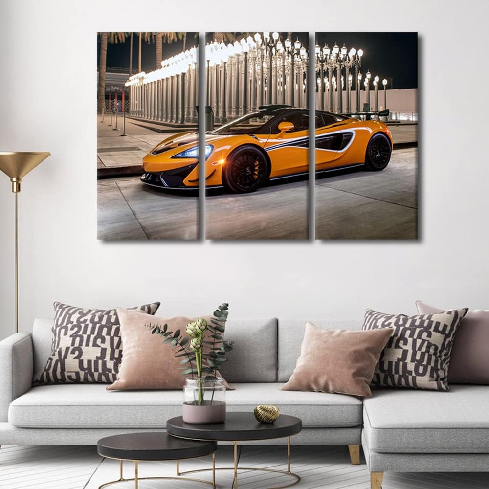 TUMOVO Wall Art for Living Room Orange Sports Car Under the Lights Canvas Supercar Speed Landscape Contemporary Posters Prints Artwork Ready to Hang Bedroom Office 36''Wx24''H