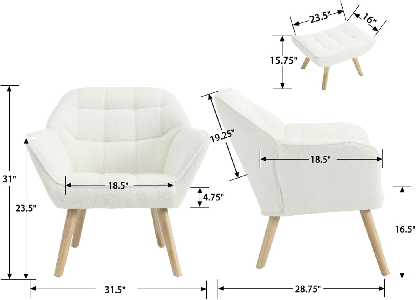 Modern Sherpa Accent Chair with Ottoman, Fluffy Upholstered Lounge Chair with Footrest, Comfy Living Room Side Boucle Armchair for Small Space Bedroom Apartment, White