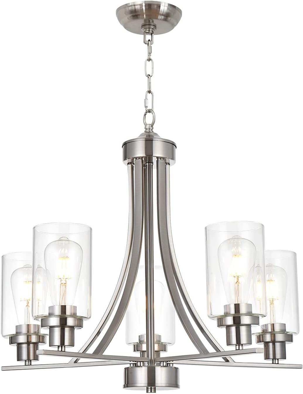 BONLICHT Traditional Chandelier Lighting 5 Light Brushed Nickel Modern Light Fixtures Hanging Pendant Lighting with Clear Glass Shade Classic Ceiling Lights for Kitchen Dining Room Living Room Island