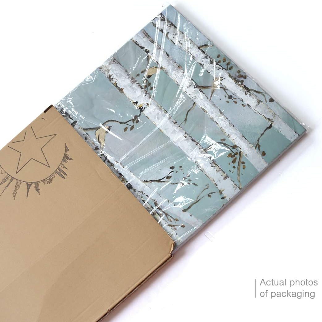 amatop Teal Wall Art 100% Hand-Painted Landscape Forest Oil Painting on Canvas Original Framed Artwork Gold Bird Birch Tree Artwork White Birch at Night for Living Room Bedroom Office Decor 32x16inch