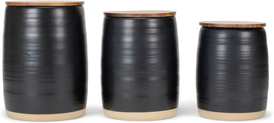 Nat & Jules Lidded Black 6 inch Ceramic and Wood Kitchen Canisters Set of 3