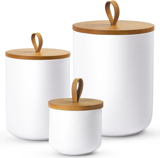 Ceramic Canisters Sets for Kitchen, Airtight Canister with Bamboo Lid, Ceramic Coffee Canister Kitchen Canisters for Countertop, Flour and Sugar Containers for Food Storage Jars, White, Set of 3