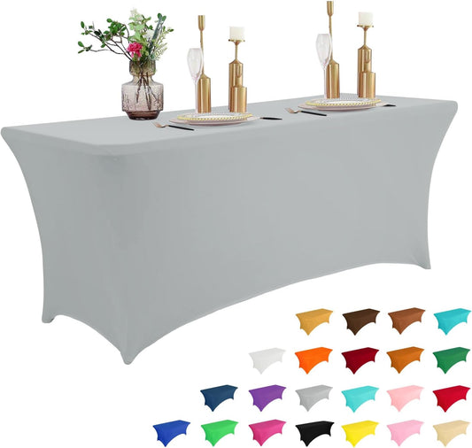 IVAPUPU 6FT Table Cloth for Rectangular Fitted Events Stretch Grey Table Covers Washable Cover Spandex Tablecloth Protector for Party, Wedding, Cocktail, Banquet, Festival