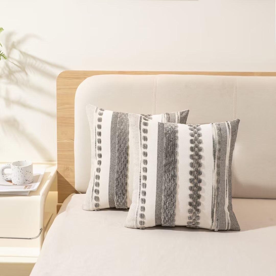 Boho Throw Pillow Covers 18x18 Set of 2 Farmhouse Decorative Cushion Case Striped Square Pillows Cover Chenille Pillow Cases Accent Neutral Pillowcase for Sofa Couch Bed,Gray