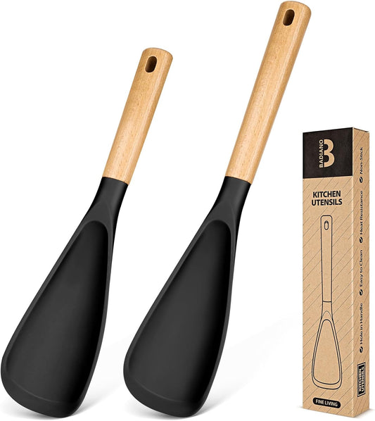 Multifunction Spatula Spoon for Nonstick Cookwares, Great for Cooking and Serving, Sturdy BPA-Free Matte Silicone, Wood Handle Spatula for Mixing, Scoop, and Scrape, Black(2 pack,11.4" & 13.4")
