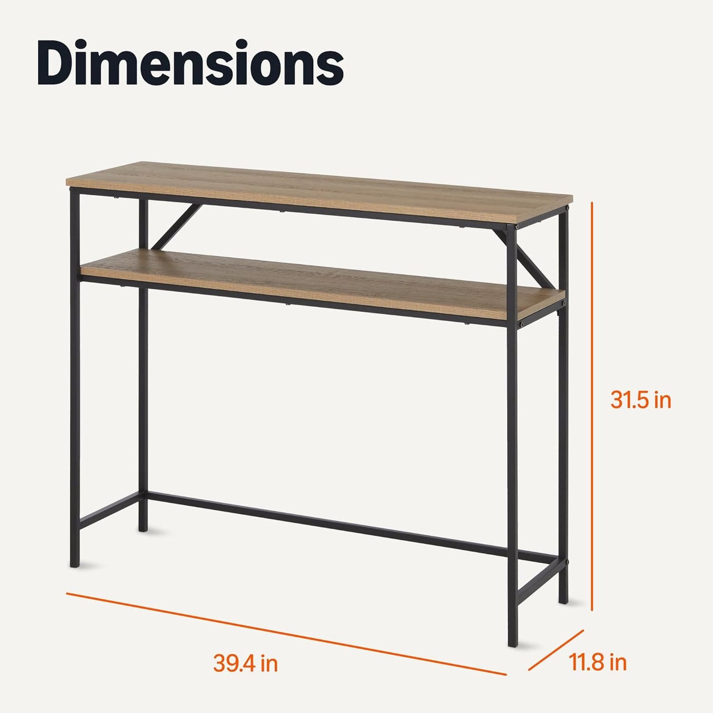 Amazon Basics Rectangular Console Table with Storage Shelf, Steel Frame, 39x31x11.8 in, Oak Finish