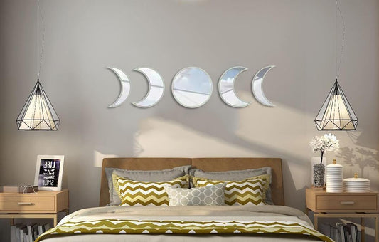 5 pcs Scandinavian Natural Decor Acrylic Moonphase Mirrors Interior Design Moon Phase Mirror Bohemian Wall Decoration for Home Living Room Bedroom Decor - No Need to Punch (Gold)