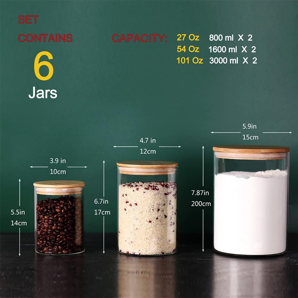 Glass flour Jars with Airtight Lids, 6 Pack Sugar and Flour Salt Containers Set, Extra Large Glass Rice Jar with Bamboo lid for Kitchen, Brown Suger, Beans, Groub Coffee (100OZ/54OZ/27OZ)