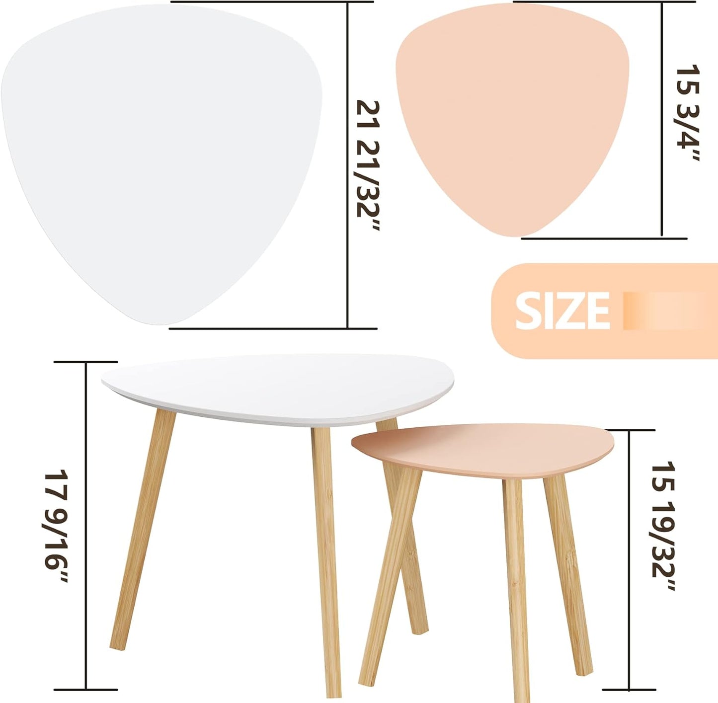 BAMEOS Bamboo Nesting Triangle End Table,Set of 2 Coffee Table Modern Minimalist Side Table for Living Room (White & Pink)