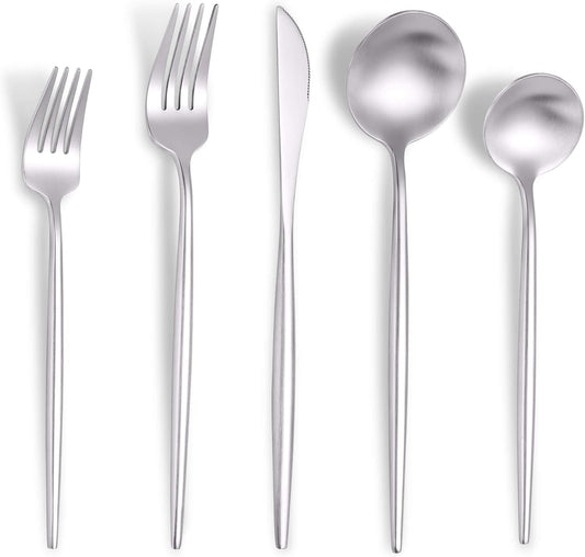 Matte Silverware Set for 8,Modern Stainless Steel Brushed Cutlery Set,40-Pieces Heavy Duty Flatware Set,Knives Spoons and Forks Set Utensils Set, Satin Finish, Dishwasher Safe