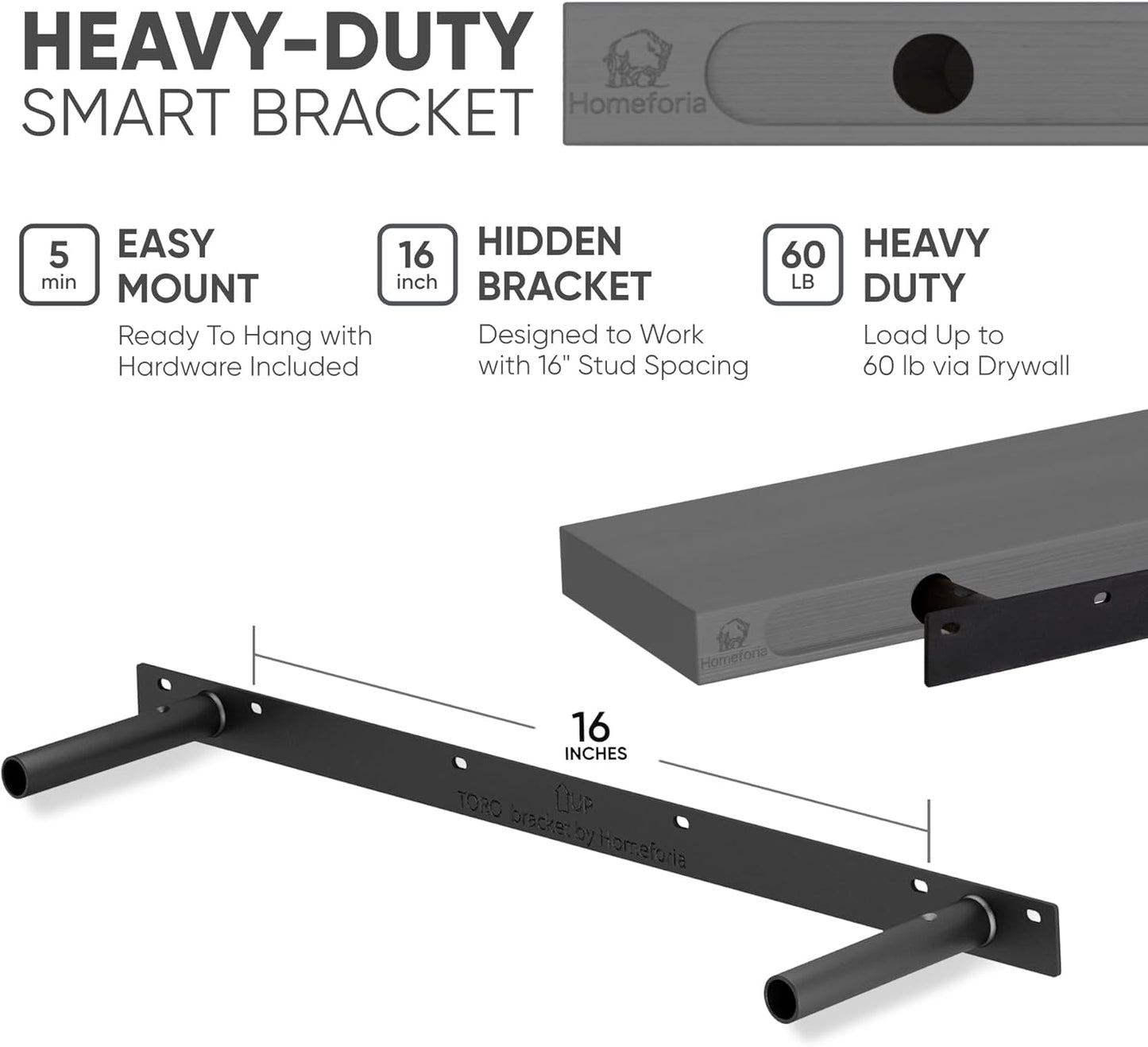 Homeforia 36 inch Gray Floating Shelves, High End Solid Real Wood 36inch Floating Shelf for Wall Mounted, Grey Wooden 36 inches Long Floating Shelves, Heavy Duty Bracket, 36 X 6.5 X 1.75 in, Set of 2