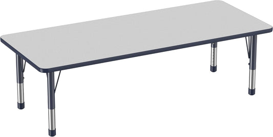 FDP Rectangle Activity School and Classroom Kids Table (30 x 72 inch), Chunky Toddler Leg, Adjustable Height 15-24 inches - Gray Top and Navy Edge