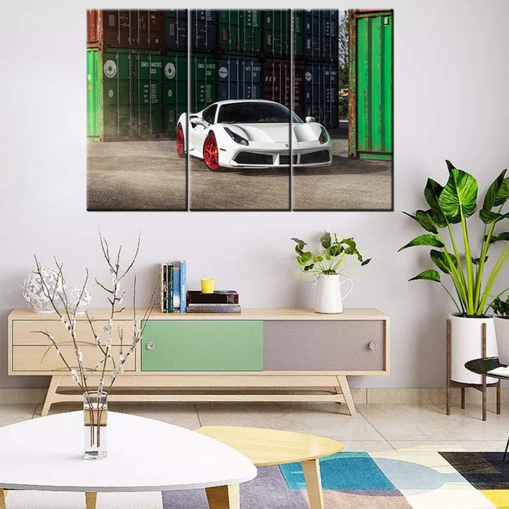 TUMOVO Classic Car Canvas Wall Art Framed White Ferrari Boys Fast Car Cool Sports Poster 3 Pieces 3D Diamond Print Painting with Frame and Stretched Ready to Hang - 28 x 14inch x 3 Panels