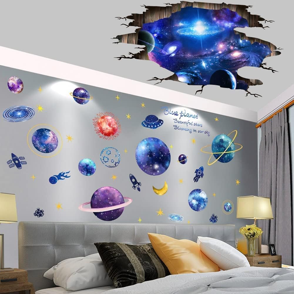 Quanhaigou Blue Purple Galaxy Wall Decals, Removable Sticker,The Art Magic 3D Milky Way Cosmic Stars Spacecraft Dreamscape Home Decor for Bedroom Living Room Floor Ceiling Kids Room