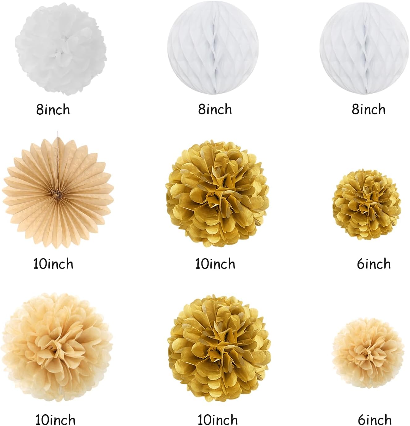 White-Gold Champagne Birthday Party-Decorations Paper-Flowers - 14pcs Happy Banner Engagement Honeycomb Tissue Pom Poms,Women Streamers Garland Beige Fans,21st 18th Girl Hanging Supplies Decor Hugfond