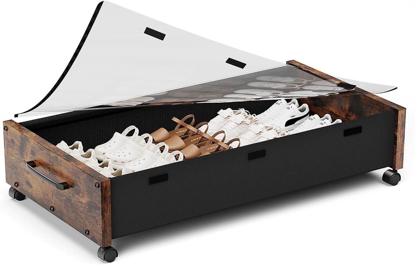 Wooden Under Bed Storage with Wheels, Rolling Under the Bed Storage Bins with Removable Lid, Metal Under Bed Drawers for Clothes and Shoes in Bedroom or Living Room(Vintage Brown-1pack)