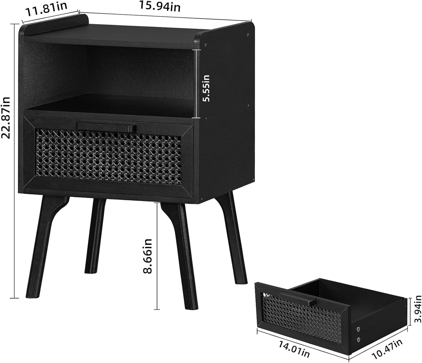 Lerliuo Rattan Nightstand, Side Table with Drawer Open Shelf, Cane Accent Bedside End Table with Solid Wood Legs, Mid Century Modern Night Stand for Bedroom, Dorm and Small Spaces (Black)
