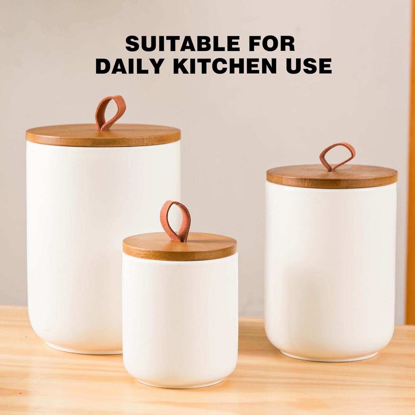 Ceramic Canister Set for Kitchen, 3pcs White Ceramic Kitchen Canisters for Countertop with Airtight Wood Lids, Large Flour and Sugar Containers for Coffee, Tea, Spice