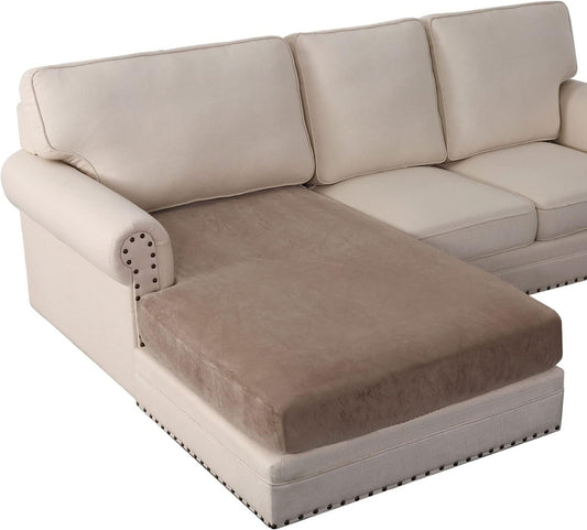 PrinceDeco Sectional Couch Covers Velvet Couch Cover for Dogs Washable L Shaped Couch Cover 1 Piece Individual Sectional Couch Covers with Elastic Bottom(Chaise Lounge,Taupe)