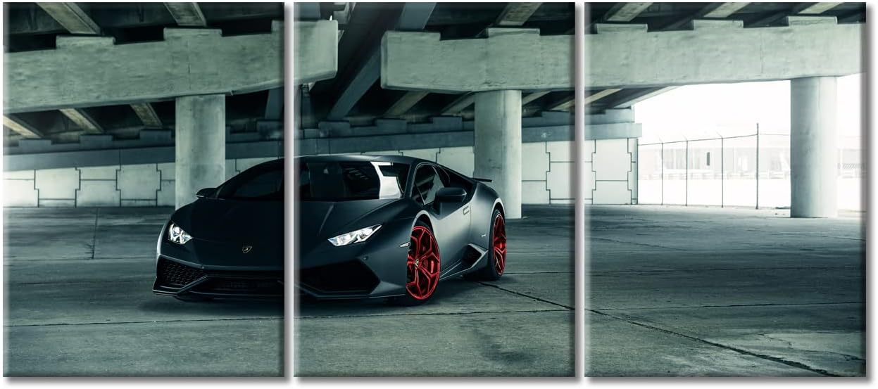 TUMOVO Black Car Canvas Wall Art Painting Super Decor for Living Room 3 Panels Pictures Print on Cool Hypercar Framed Artwork Home Bedroom Decorations, 36'' Wx16 H