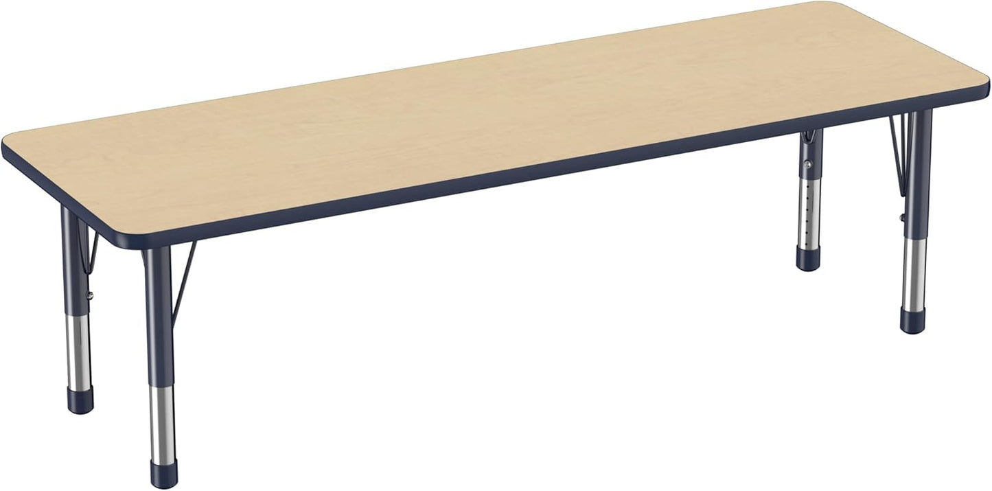 Factory Direct Partners FDP Rectangle Activity School and Classroom Kids Table (24 x 72 inch), Chunky Toddler Legs, Adjustable Table Height 15-24 inches - Maple Top and Navy Edge