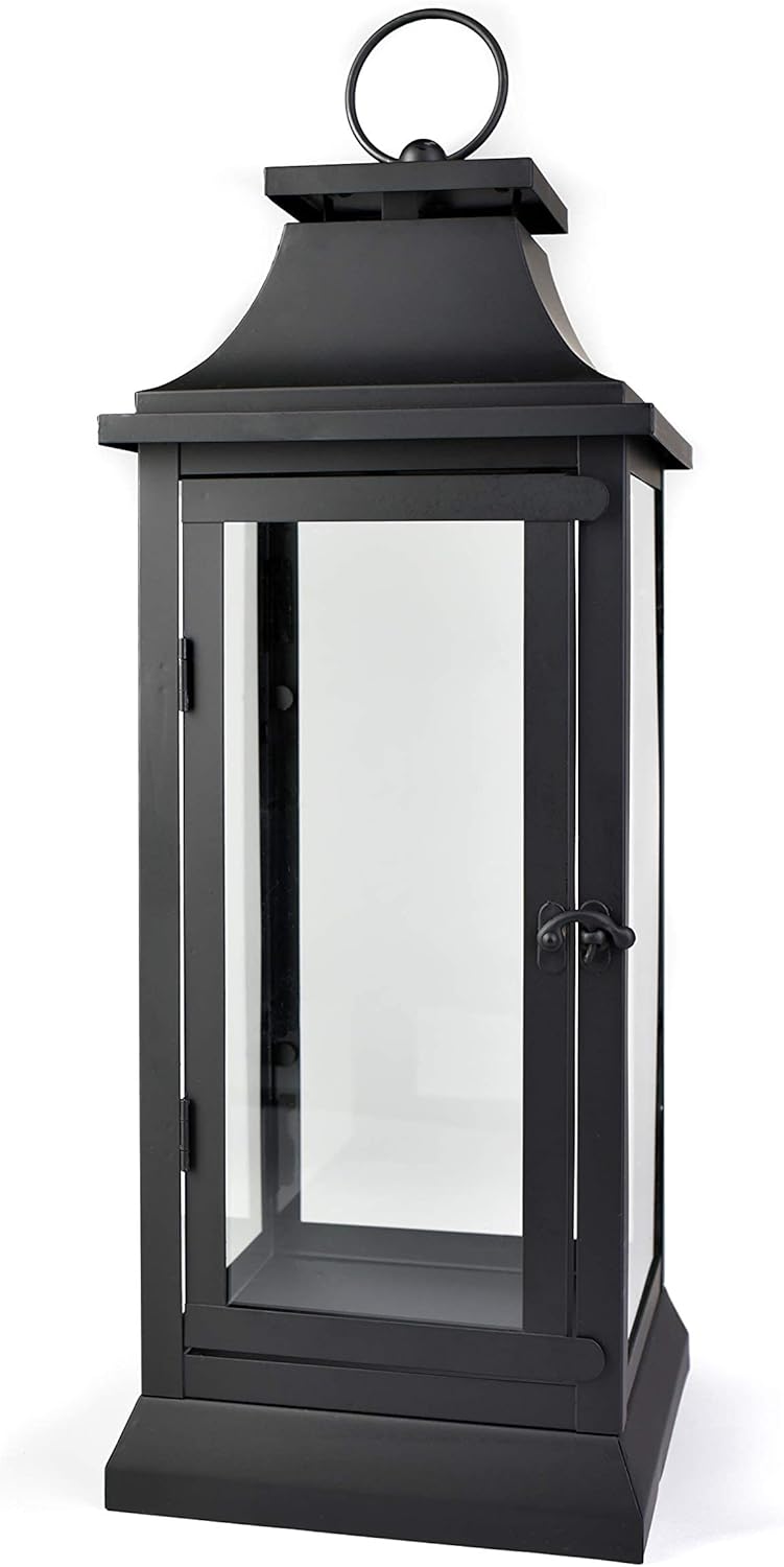 Serene Spaces Living Black Metal Hurricane Lantern with Clear Glass Panels – Hanging or Tabletop Decorative Lantern for Indoor & Outdoor – Weddings, Parties, Home Decor, 20" Tall & 7.75" Square