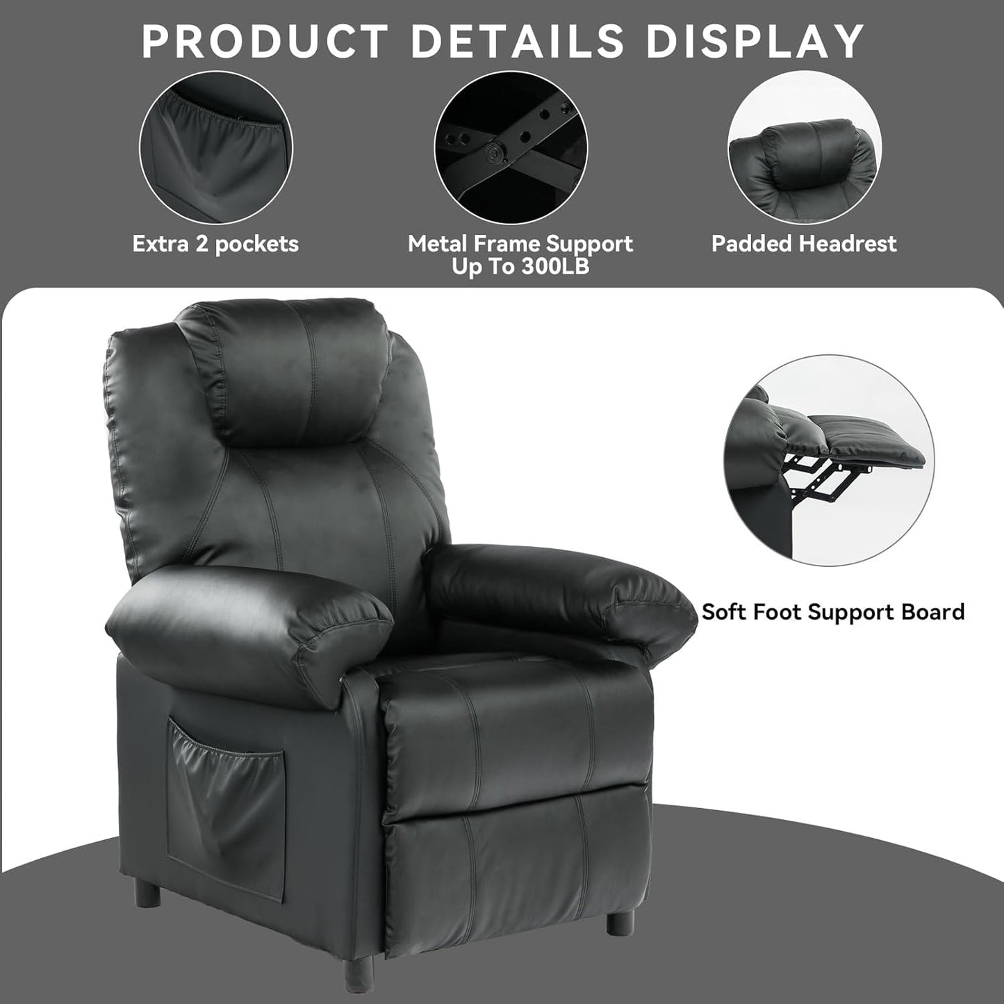 KCREAM Massage Recliner Chairs with Heat,PU Leather Overstuffed Recliner Chairs Living Room Chairs for Adults with Side Pockets,Padded Backrest and Thick Seat Cushion,Home Theater,Black